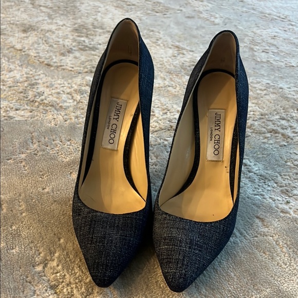 Jimmy Choo Romy 85 Navy Metallic Tweed Pointy Toe